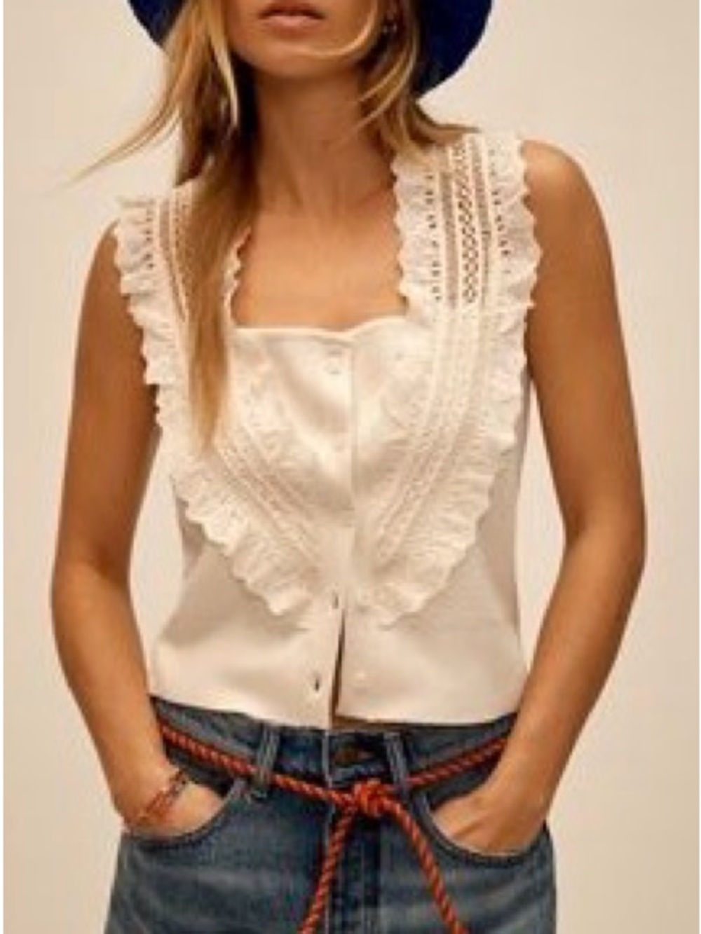 Pilcro Cream Lace-Trim Button-Front Camisole